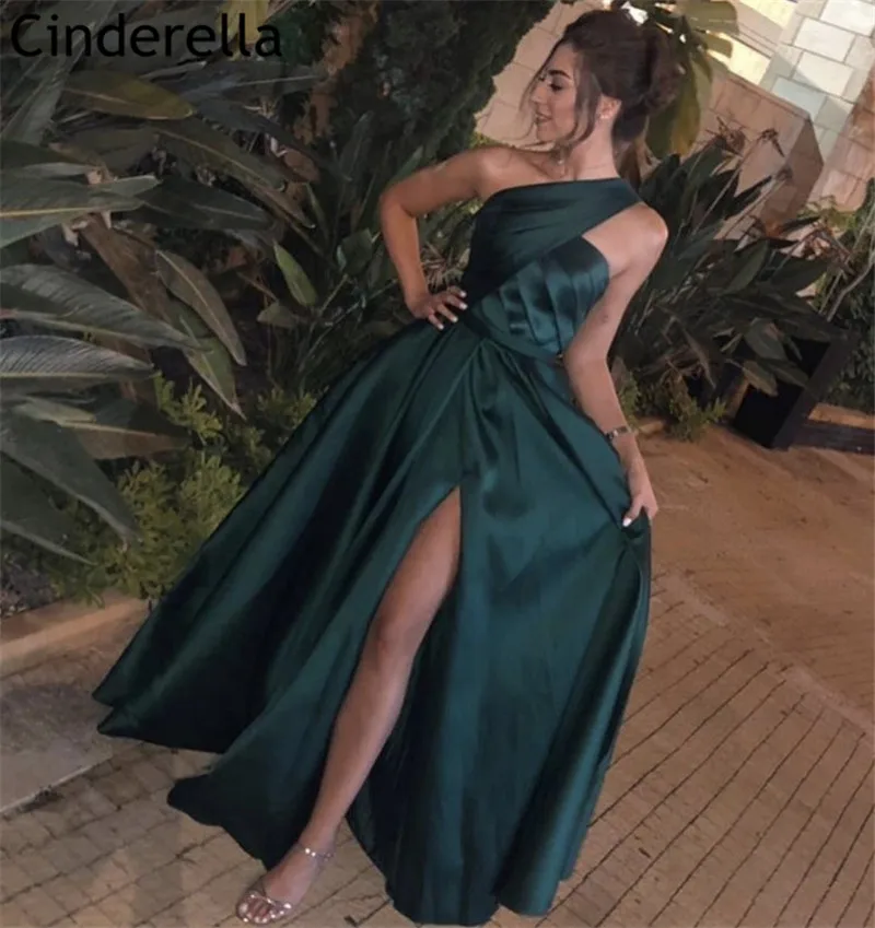 Robe de soirée en Satin vert, asymétrique épaule dénudée, ligne a, balayage traîne, à la mode