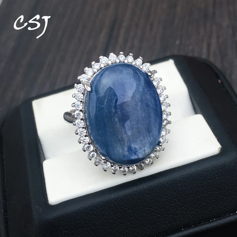 

CSJ big size natural bluestone adjustable luxury rings 925 sterling silver oval 15*20mm fine jewelry woman best for party gift