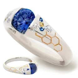 Foydjew Finger Accessories Bee Honeycomb Blue Zircon Simulated Sapphire Rings European American Simple Creative Style Ring
