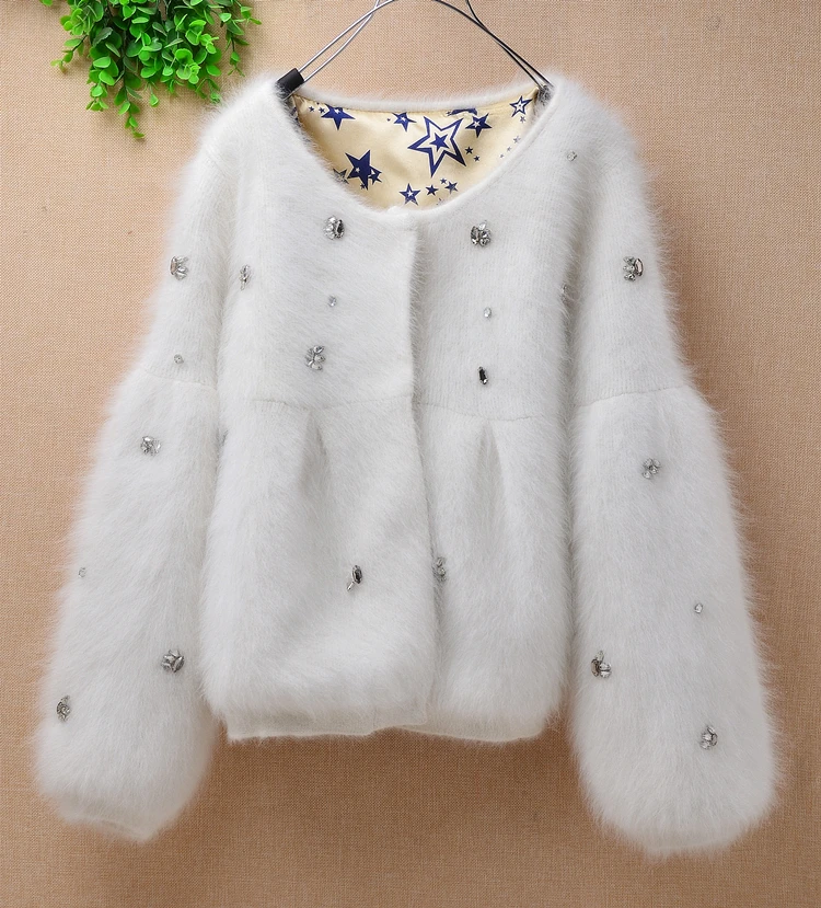 Super sale women korean fashion short mink cashmere beading cardigan long puff sleeve angora fur knitted sweater coat jacket top