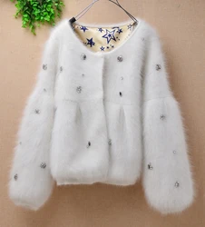 Super sale women korean fashion short mink cashmere beading cardigan long puff sleeve angora fur knitted sweater coat jacket top