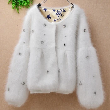 여성용 짧은 밍크 캐시미어 비즈 가디건, 긴 퍼프 슬리브, 앙고라 퍼 니트 스웨터 코트, 재킷 상의, 한국 패션, 슈퍼 세일 