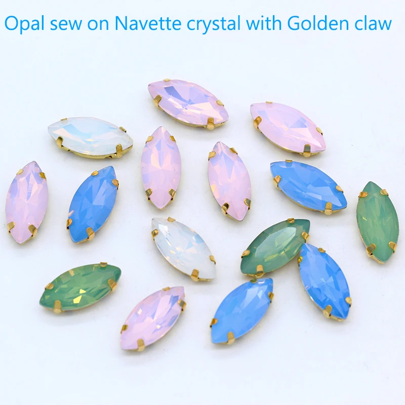 Fashion Opal Stones Navette Horse eye shape Glass Crystal Sew On Rhinestones With Golden  Claw  For Sewing Clothing wedding Diy