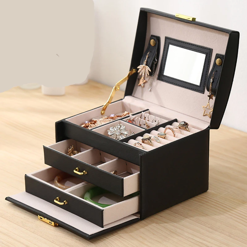 Fashion Jewelry Storage Box Large Capacity Portable Lock With Mirror Storage Boxes Earrings Necklace Ring Jewelry Display