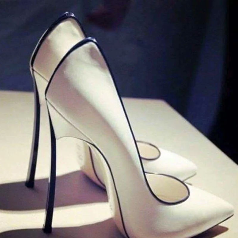 Sexy Blade Heels Women Dress Shoes 12cm Metal Stiletto Heels Pointed Toe Pump Red Pink Blue Slip-on Patchwork Lady Shoes