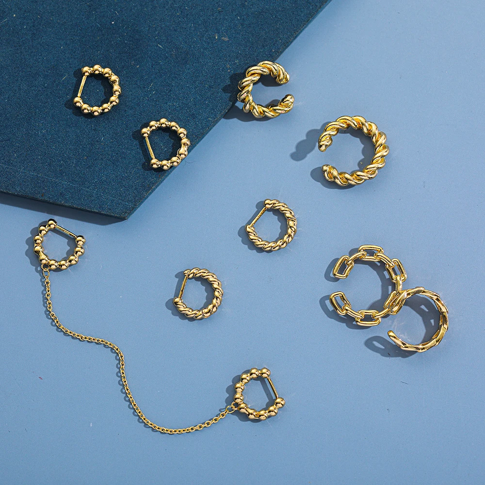 Círculo redondo cadenas hebilla de oreja para mujer moda Color dorado cuentas de Metal oreja manguito Clip en pendientes giro oreja pequeña hueso Aros