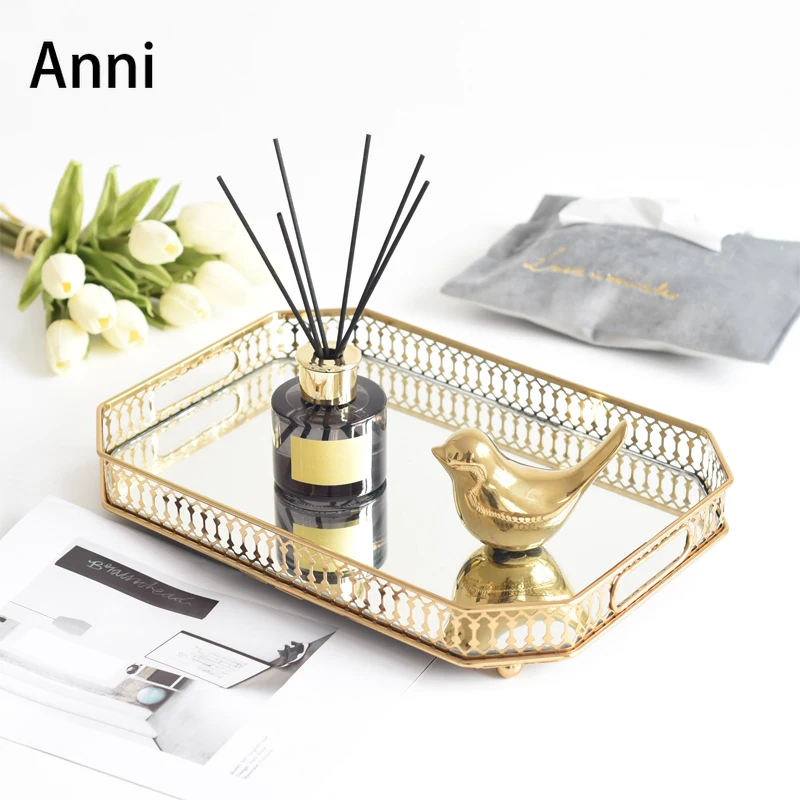 

Hollowation Glass Mirror Trays Decorative European Modern Dressing Table Jewelry Cosmetic Storage Tray Home Desktop Ornaments
