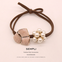 Sempli Korean Pearl Elastic Rope Sweet Elastic Hair Bands Handmade Alloy Flower Rubber Band For Women's Girl Headwear Accessorie