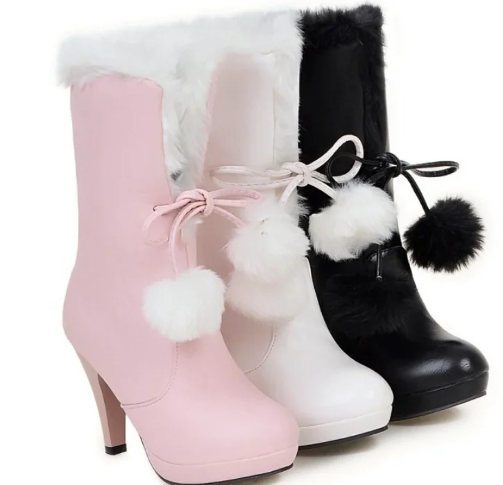 Japanese trend cuffed short boots with fur ball decoration high heel boots sweet and elegant knight boots weet lolita shoes