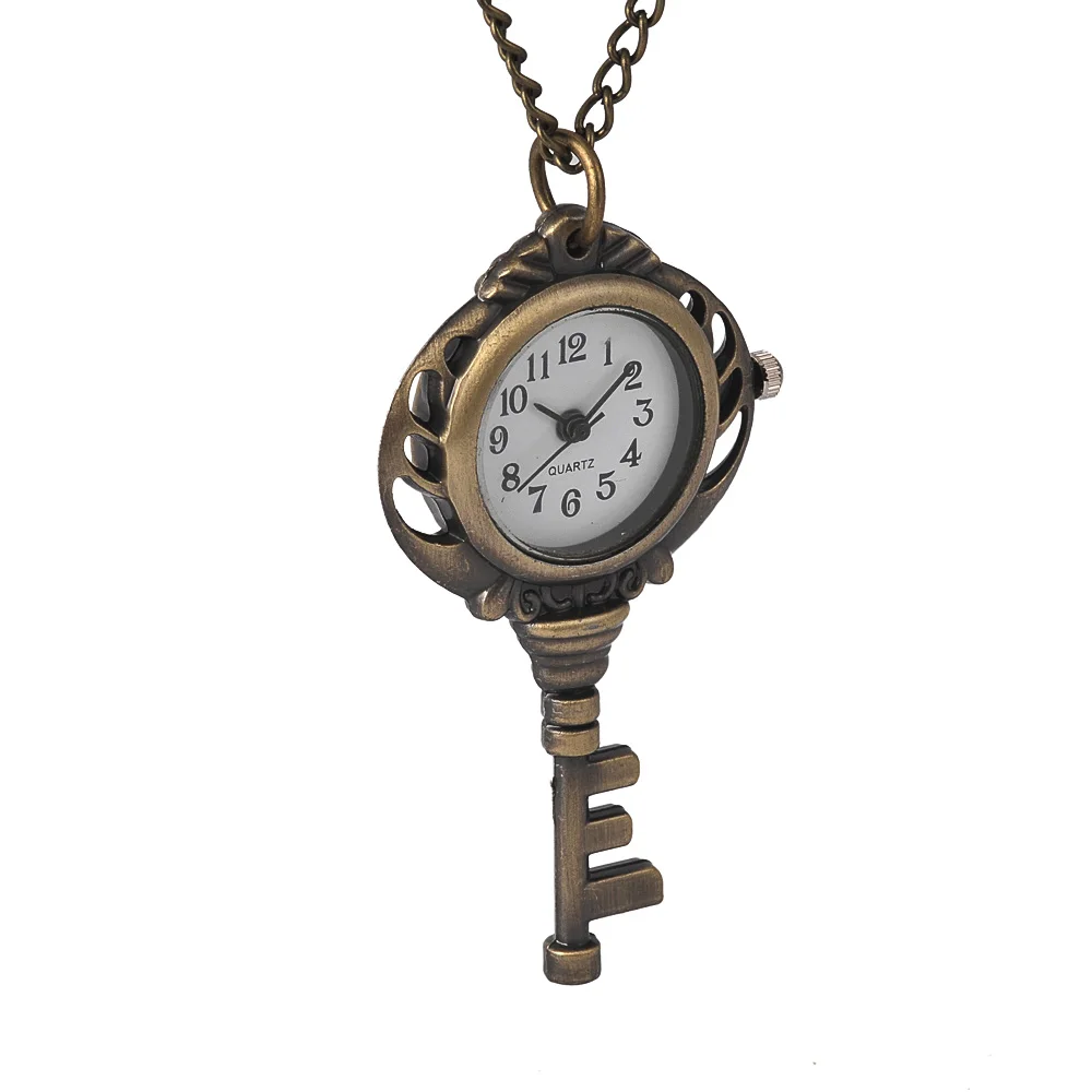 7053New Ketting Horloge Brons Crown Key Persoonlijkheid Opknoping Chain Quartz Zakhorloge Mode Trend