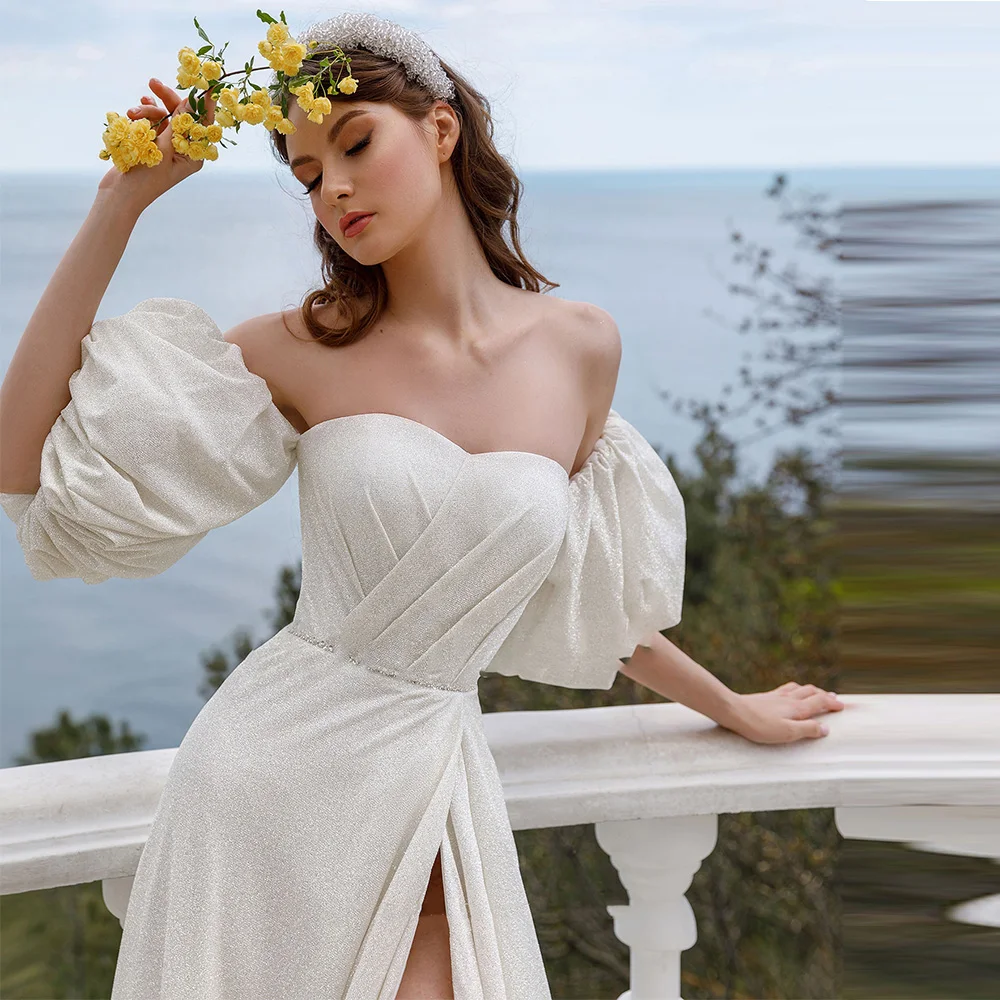 Gaun Pengantin Lengan Lebar Mengkilap Pantai Boho dengan Selempang Manik-manik Seksi Satin Sisi Tinggi Terpisah A-Line Gaun Pengantin Renda Belakang 2022