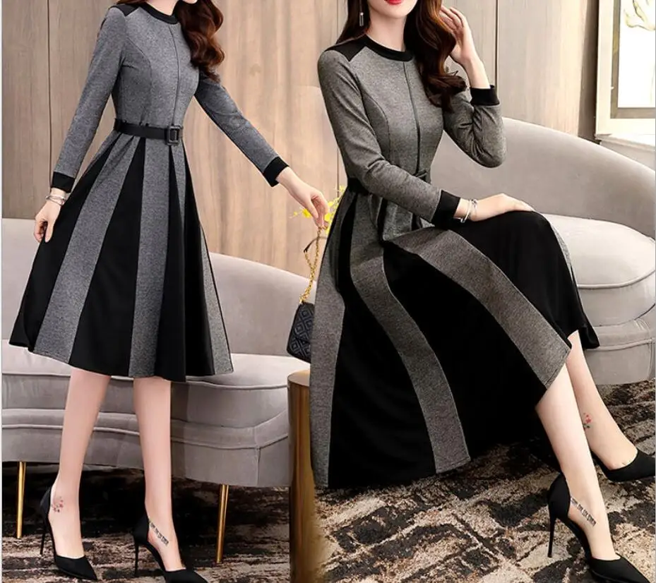 Spring Women Long Sleeve A-Line Dress Office Lady Work Wear Elegant Cusual Sashes Knee-Length Slim Dress