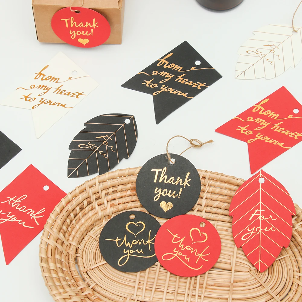 50PCS Gold Stamping Paper Gift Tags Thank You Hang Label Christmas Box Decor Black Red White Birthday Party Supplies DIY Access