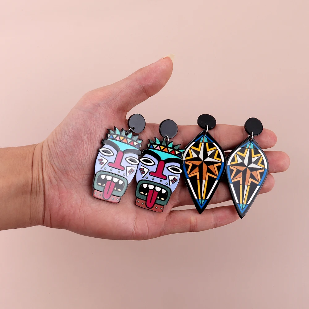 FishSheep Colorful Face Printed Acrylic Drop Earrings For Women Exaggerated Geometric Abstract Printing Earring Fashion Jewelry