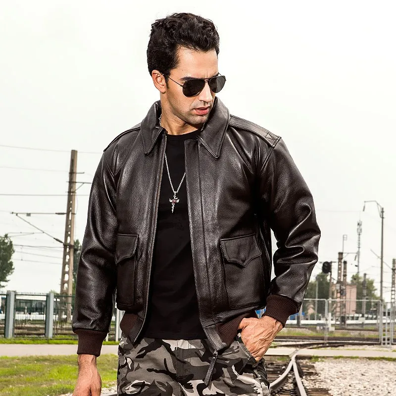 Black Winter Pilot Leather Jacket Men Military Style Europe Size Genuine Natural Thick Cowhide Warm A2 Flight Leather Coat