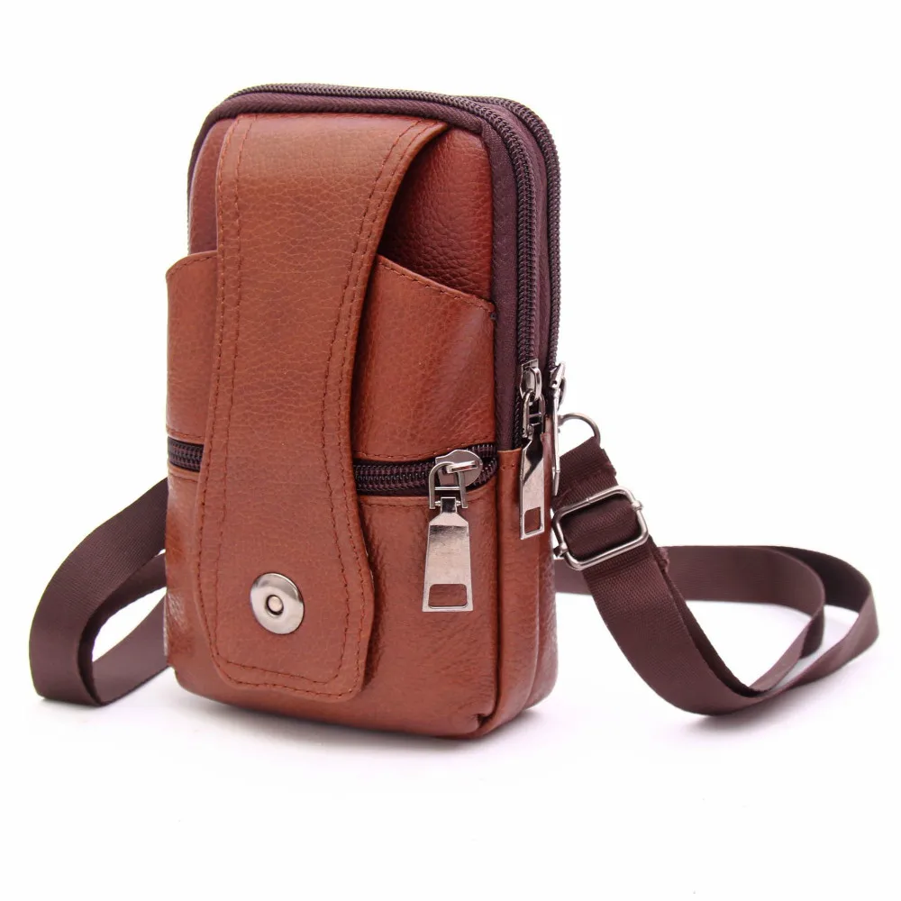 Bolsa de cintura de couro masculina para cinto de grande capacidade, bolsa de ombro marrom, bolsa transversal para celular, multicamadas