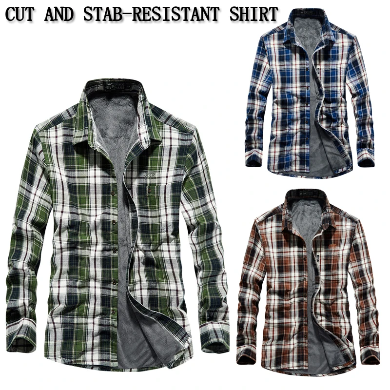 Male 3-Color Plaid Self-Defense Anti-Cutting Stab-Resistant Shirt Fashion Casual Flexible Police FBI Safety Protective Clothing