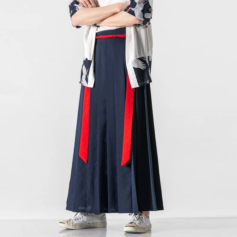 

Men Chinese Style Hanfu Tang Suit Ancient Knight Wide Leg Trousers Kung Fu Tai Chi Zen Tea Bottoms Loose Straight Skirt Pants