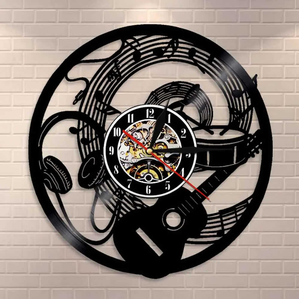 Guitar Vinyl Record Wall Clock Music Notes Headphone Instrument Rock N Roll Decor Watch Guitarist Wall Clock Music Lover Gift