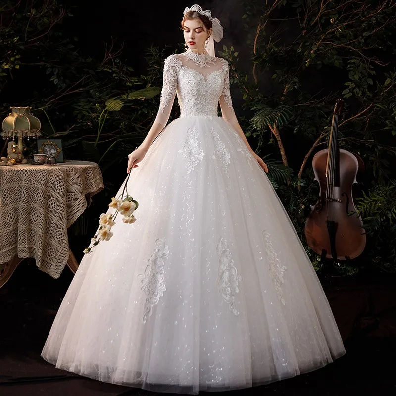 Wedding Dress 2021 Noble Three Quarter Sleeve Bridal Dress Elegant High Neck Ball Gown Princess Vestido De Noiva Plus Customize