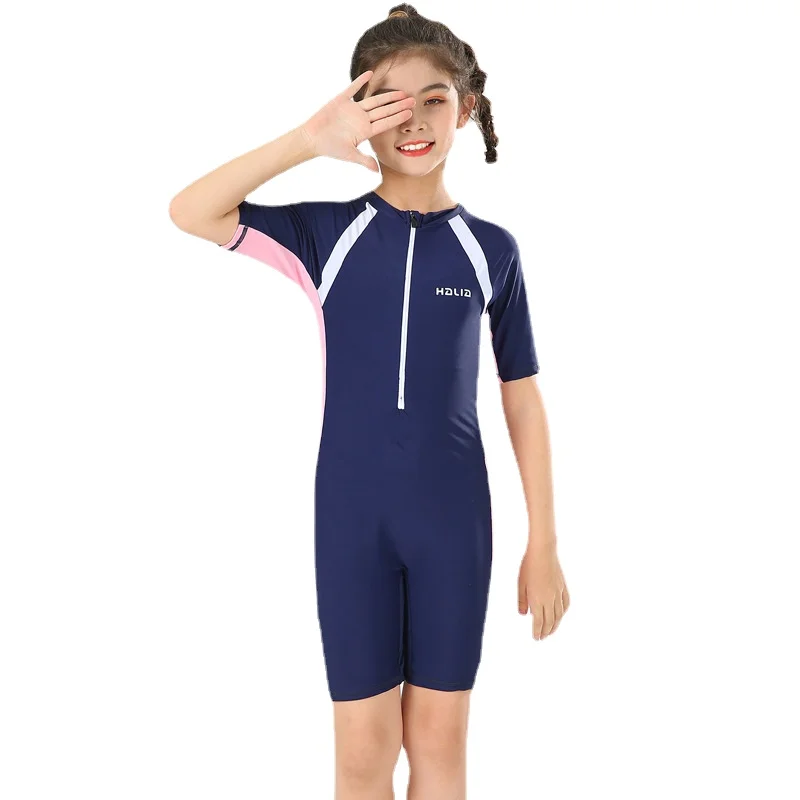 

New Front Zipper One Piece Swimsuit Short Sleeve Bathing Suit Girls Children Swimwear Boys Swimming Suit For Kids Baby Rashguard