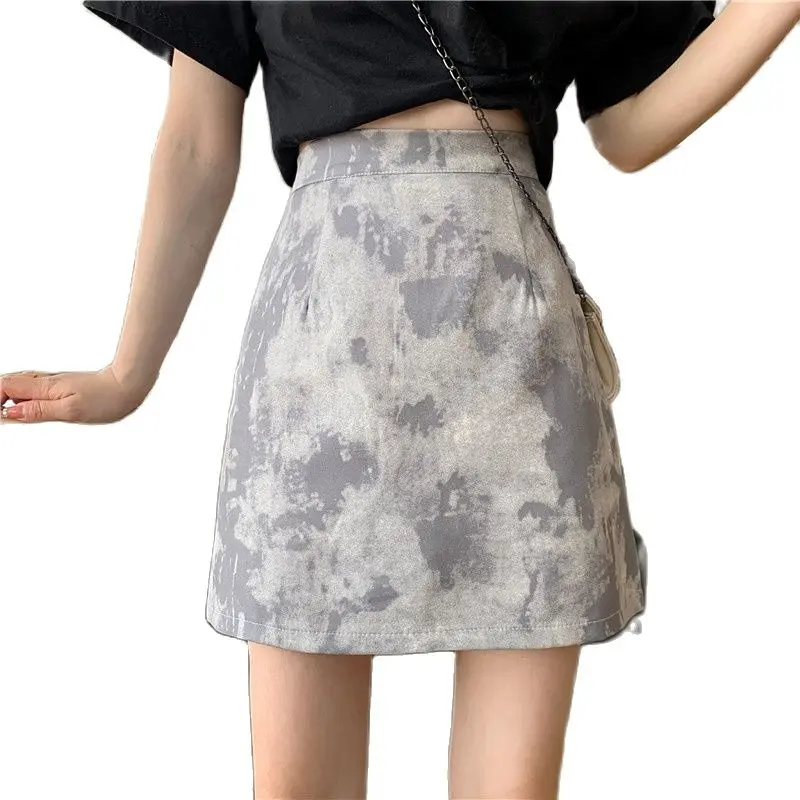 Spring Autumn half-length Skirt Female New A-line Skirt Korean Style Fashion Slim High Waist all-match tie-dye Short Skirt A446