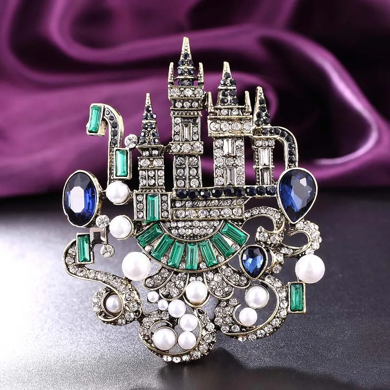 

Zlxgirl luxury fashion antique Gold vintage Castle palace shape wedding brooch pin perfect rhinestone big size men hijab pins