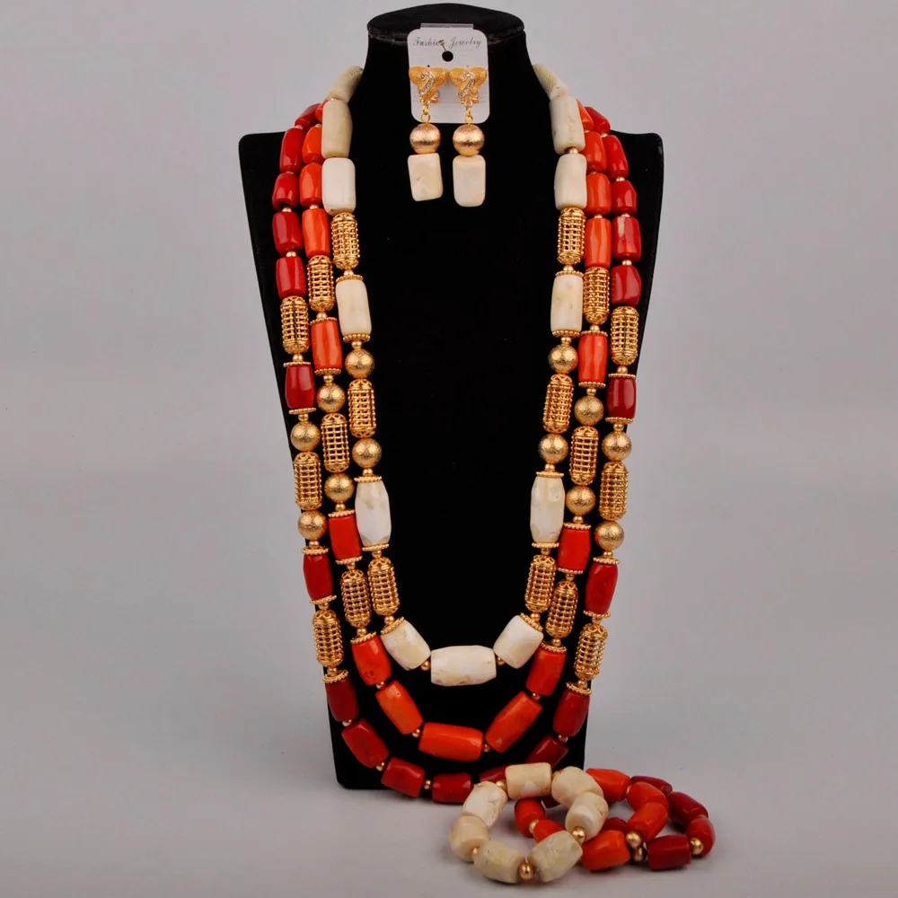 

Nigeria Wedding Jewelry Mixed Color White Orange Red Natural Coral Bead Necklace African Bride Wedding Jewelry Set AU-364