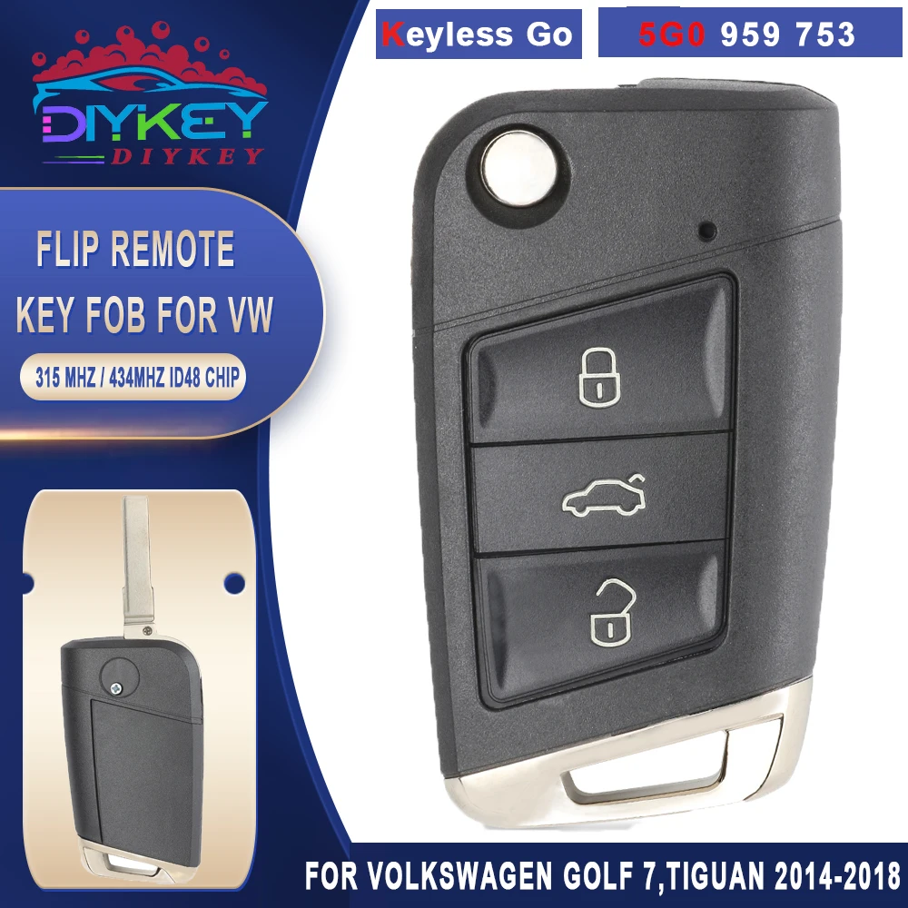 

DIYKEY 5G0 959 753 Keyless-Go MQB 315MHz / 434Mhz ID48 Smart Remote Key for 2014 2015 2016 2017 2018 Volkswagen Golf 7,Tiguan