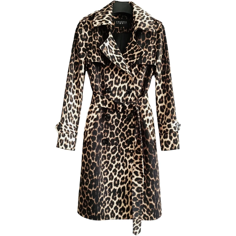 Gabardina de leopardo británico para mujer, cazadora larga ajustada con cinturón y doble botonadura, primavera y otoño, G006, 2023