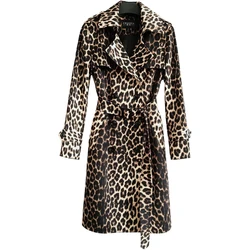 Brytyjski Leopard Femme trencz damski 2023, wiosna, jesień, nowa moda, szczupła z paskiem, dwurzędowa, długa wiatrówka G006