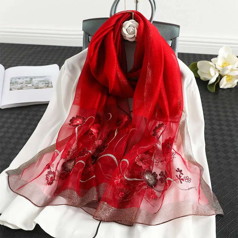 

Hot 2024 Floral Embroidery Real Silk Wool Scarf For Women Winter Scarves Shawls Hijab Wraps Pashmina Bandana Foulard Wholesale