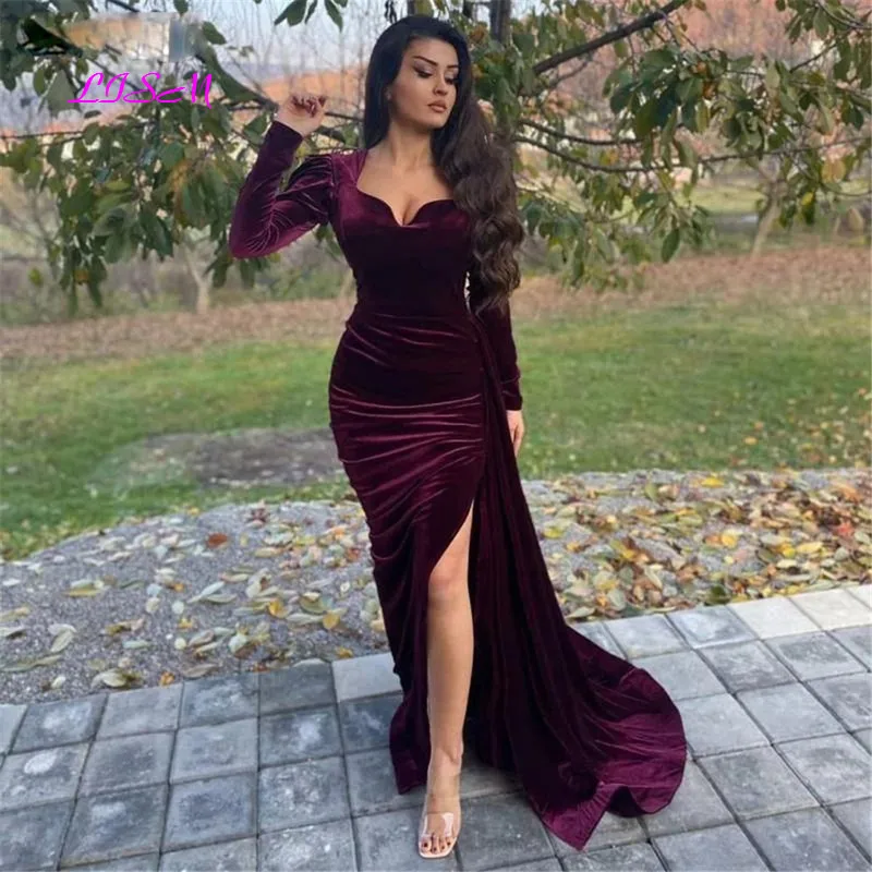 

Arabic Mermaid Evening Dress Long Sleeve Side Split Soft Velvet Prom Dresses Long Women Party Gowns robe de soiree femmes