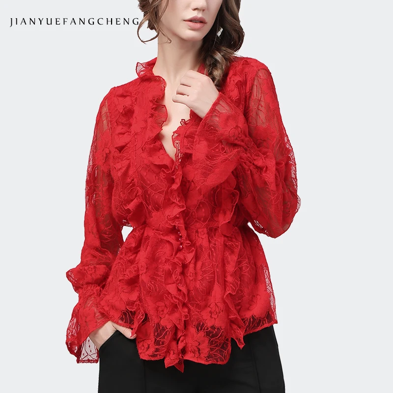 Fashion Ruffles Women Long Sleeve Red Lace Top Sexy See Through V-Neck Hollow Floral Button Shirt Chic Slim Fit Ladies Clothing