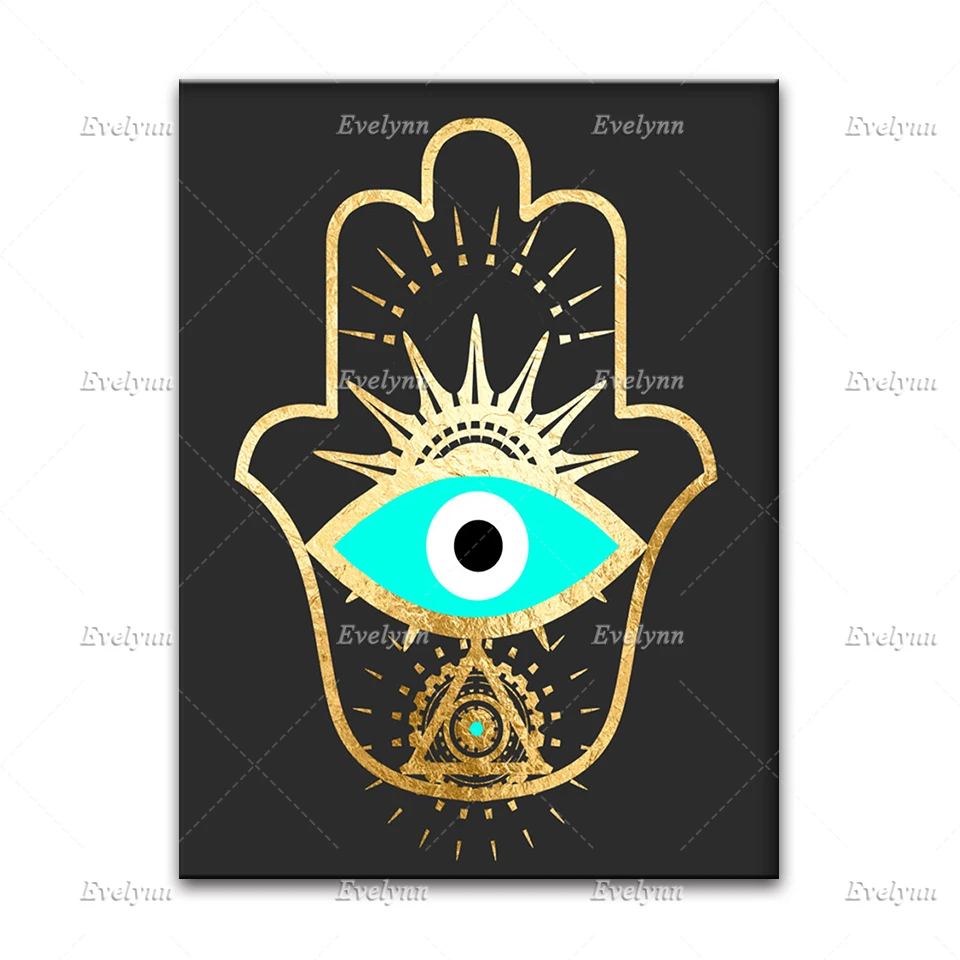 Evil Eye Hamsa Gold Foil Poster, Geometric Bohemian , Black And Gold Wall Art, Spiritual Art, Home Decor Canvas Wall Art Prints