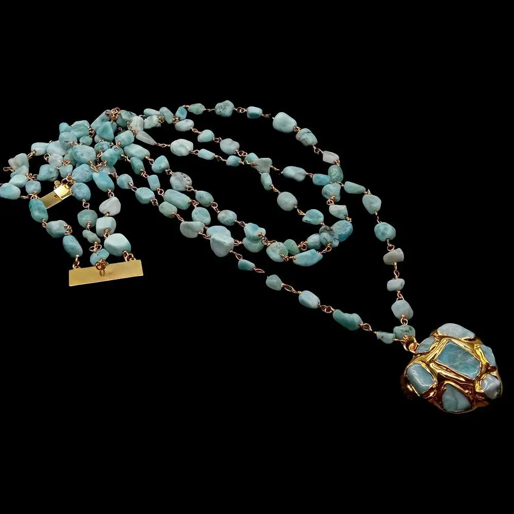YYGEM 3 nici naturalny niebieski Larimar naszyjnik z łańcuszkiem różańcowym w kształcie serca Larimar wisiorek oświadczenie naszyjnik dla kobiet 18'' — zdjęcie 6