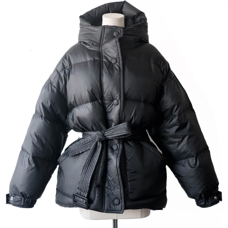 2022 Black Women\'s Fashion Down Parka Winter Jacket Simple Cuff Design Windproof Warm Female High Quality Coats With Belt YRF75