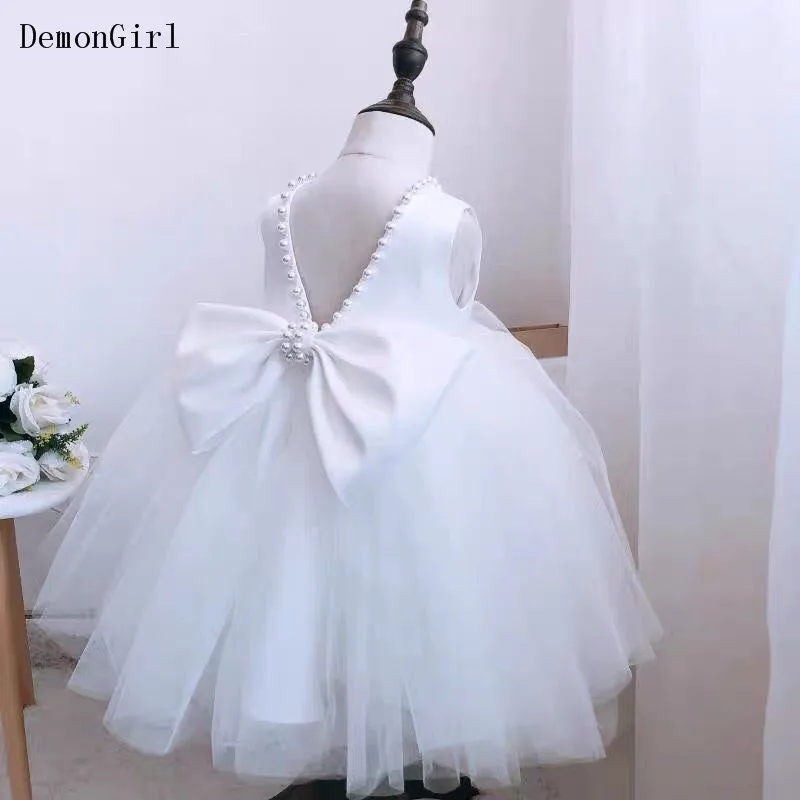 White Tulle Pearls Baby Girls Dress Kids Clothes Bow Birthday Party Gown Girls Baptism Princess Christening Evening Clothes