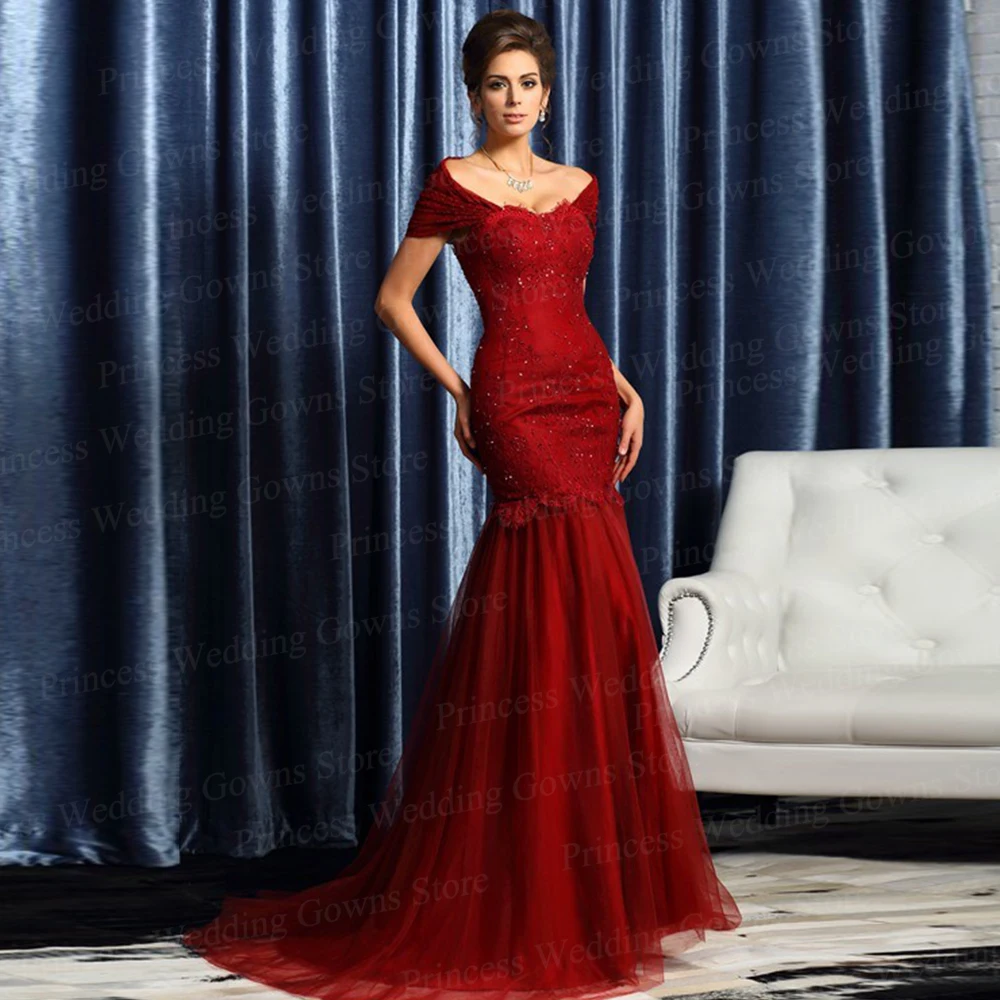 Red Elegant Dress For Wedding Mother Of The Bride Mermaid Party Gown Floor Length Long Sequin Tulle Vestidos De Noche 2021