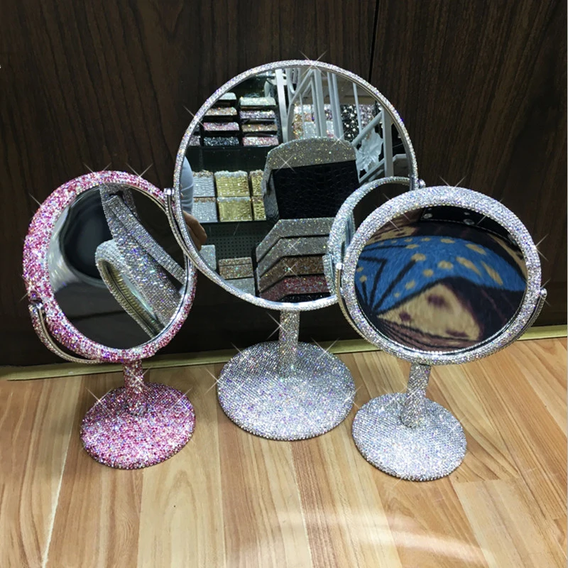 

Shiny Bling Double Sided Cosmetic Metal Mirror Full Diamond Rotatable Home Dressing Princess Mirror Wedding Valentine's Day Gift