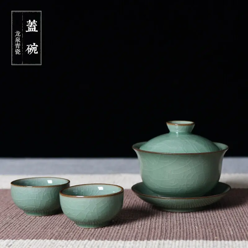 

China Longquan Celadon Gaiwan Tea Set Kung Fu GE DI Kiln Cover Bowl SanCai 200ml