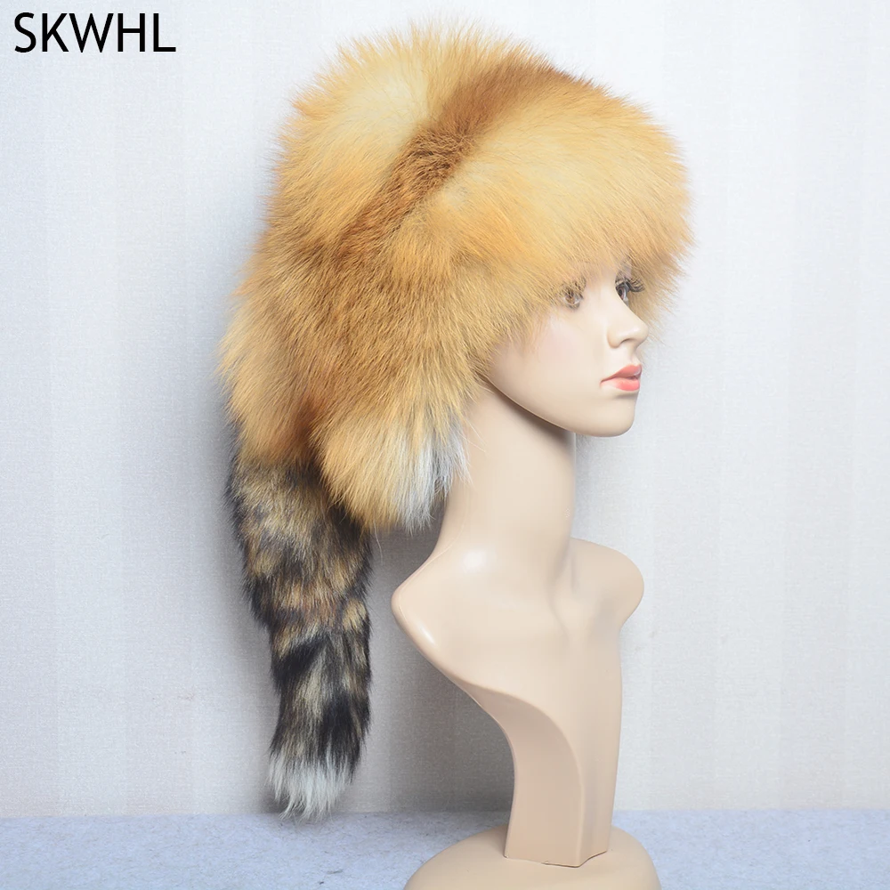 2025 Unisex Real Fox Fur Beanies Hat Mongolian Hat Unique Process Fox Tail Design Luxury Winter Warm Hats For Fashion Bomber Hat