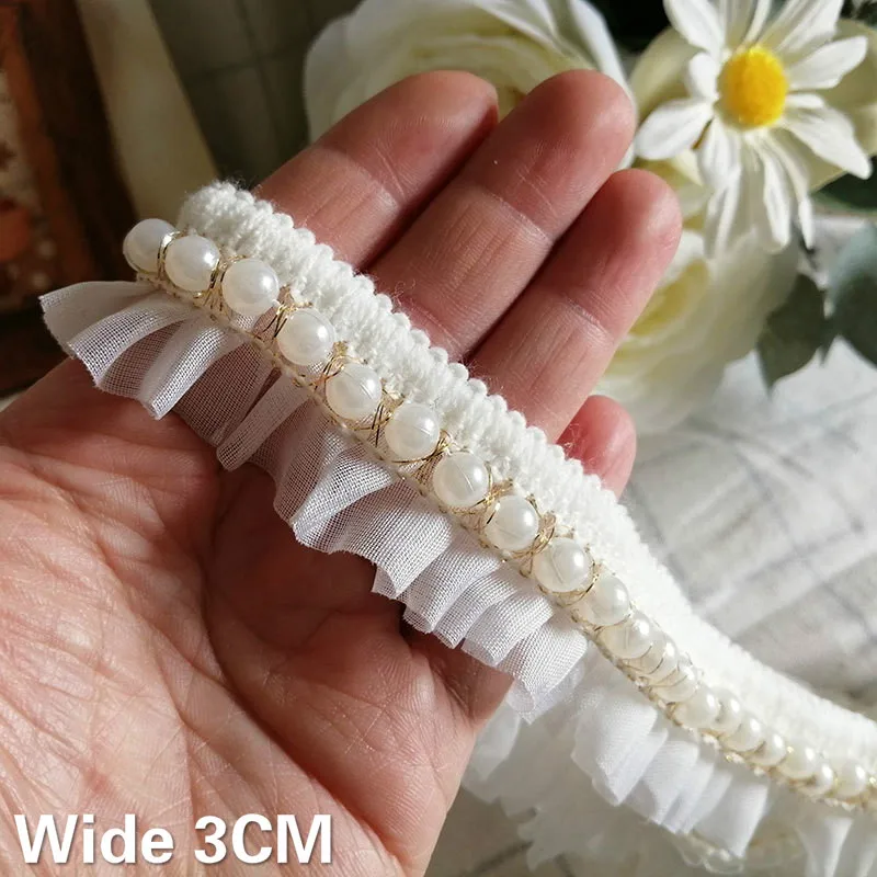 3CM Wide White Pleated Chiffon 3d Lace Fabric Glitter Beaded Fringe Trim Dress Guipure Ribbon Collar Hats Sewing Trimmming Decor