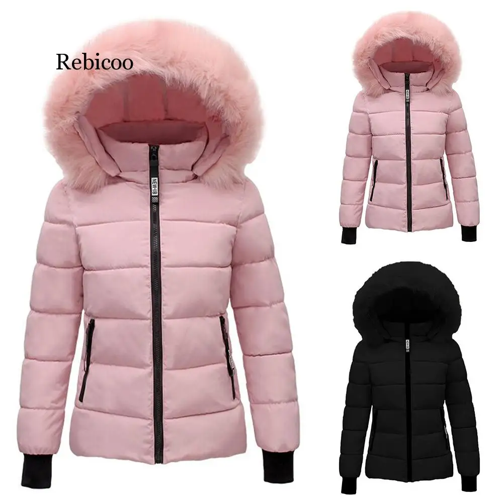 Women Faux Fur Collar Coat Down Cotton Jacket Fall Winter Thicken Warm Minimalist Hooded Outdoor Windproof Casual Coat