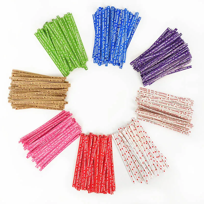 100pcs 9cm Twist Ties for Gift Bags Sealing Wire Especially For You Love Print Candy Cookie Bags Wrapping Supplies Bakery Tie