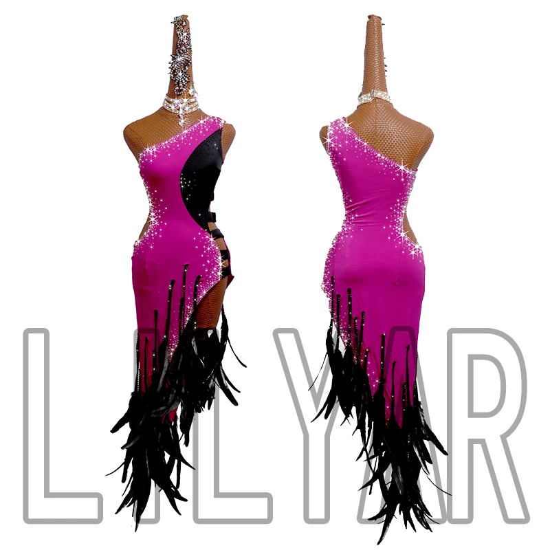 New Latin Dance Dress Competition Performance Adult Custom Pink Long Black Feather Sexy Dance Dress