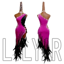 New Latin Dance Dress Competition Performance Adult Custom Pink Long Black Feather Sexy Dance Dress