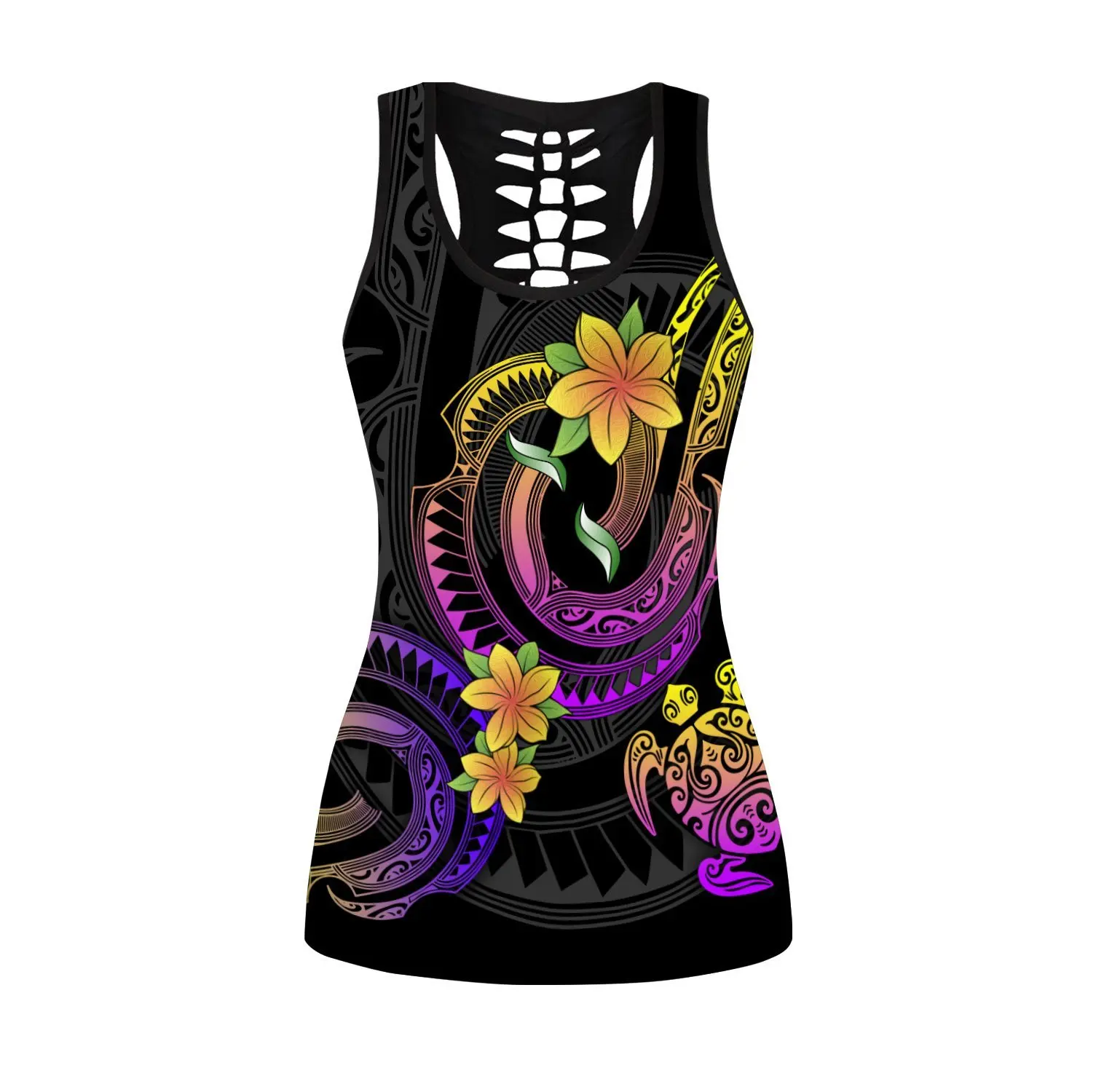 Polynesian Frangipani Flower 3D Printed Hollow Tank Top & Leggings Set Fitness Female Full Length Leggings Running Pants DDK76