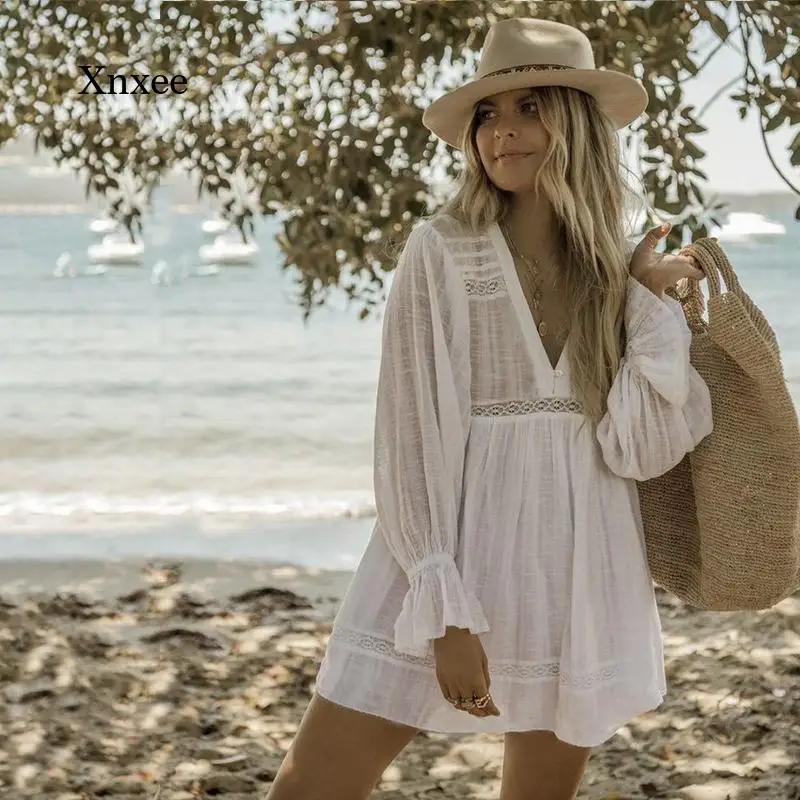 

2021 White Women Beachwear Beach Cover Up Cotton A Line Sarong Bikini Cover Up Bathing Suit Swimsuit Pareo Hollow Tunic Dress