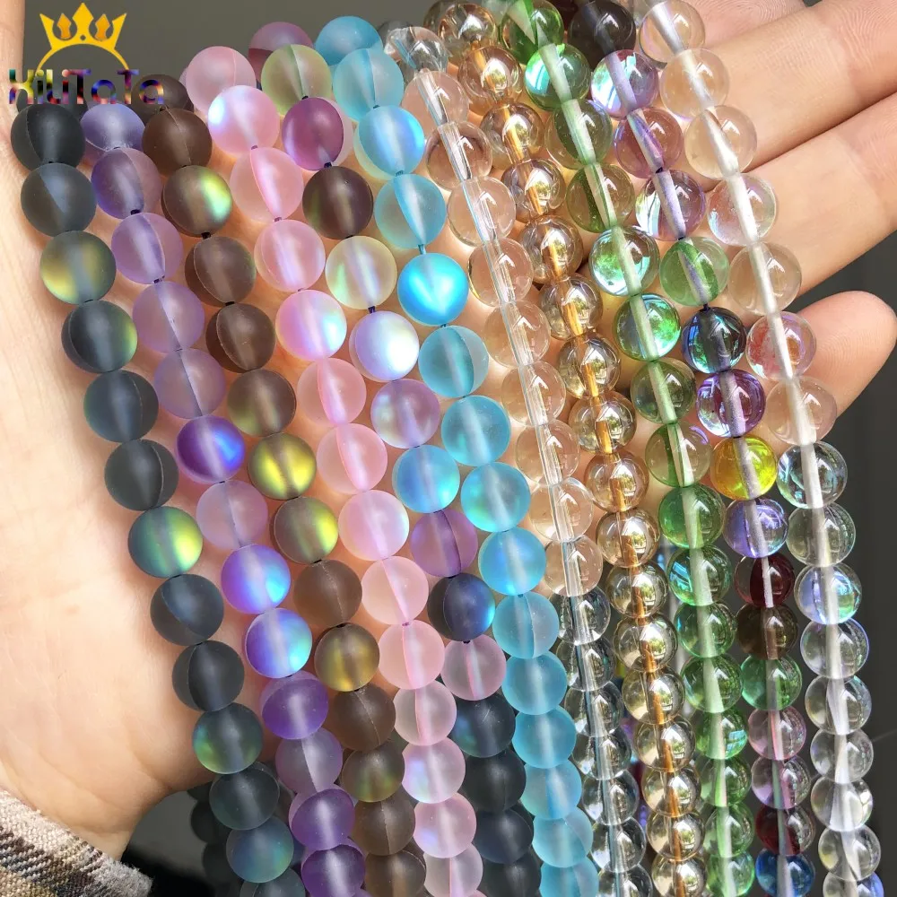 6 8 10mm Smooth Austria Crystal Glitter Moonstone Glass Beads Round Loose Beads For DIY Jewelry Making Bracelet Accessories 15''